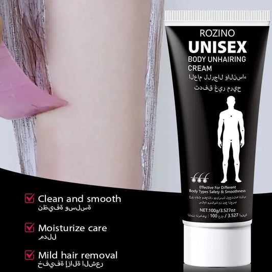 ROZINO Unisex Body Hair Removal Cream - Painless Soothing Formula for Chest Back Legs Arms & Underarms - Long Lasting Results - Versatile Application for All Body Types - 100g