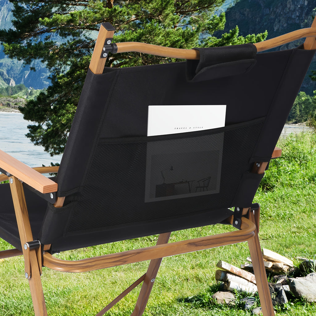 Black Set Of 2 Portable Lightweight Folding Camping Chair With Wooden Armrest Aluminum Frame