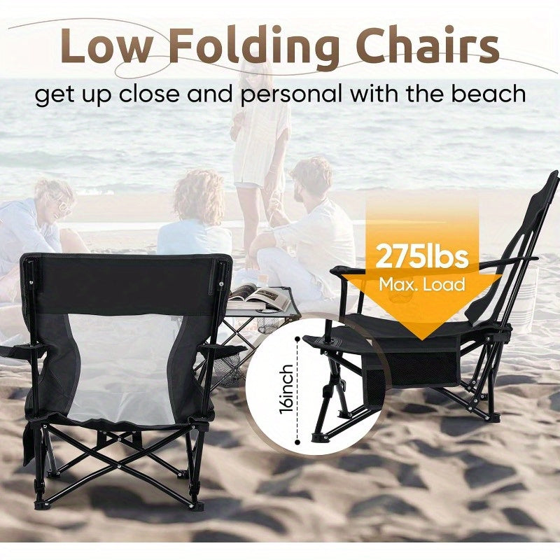 Folding Beach Chair Set of 3 Foldable Black Camping Chairs and Grey Table for Outside Low Beach Chair Portable