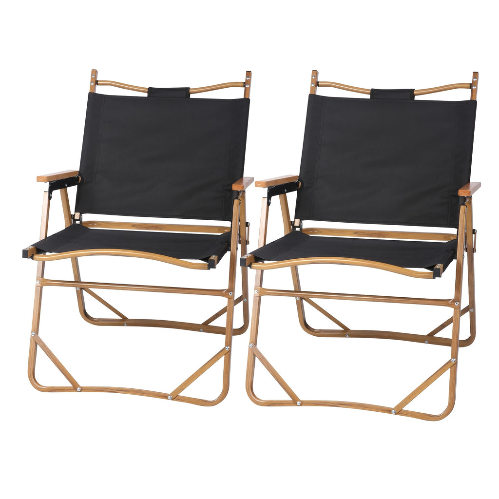 Black Set Of 2 Portable Lightweight Folding Camping Chair With Wooden Armrest Aluminum Frame