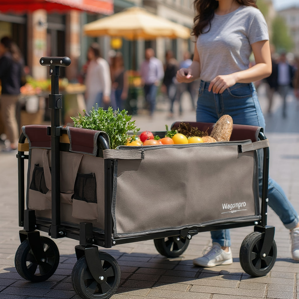 Convertible Folding Camping Wagon Cart, All-in-One Heavy-Duty Fabric Utility Cart with Bench Seat