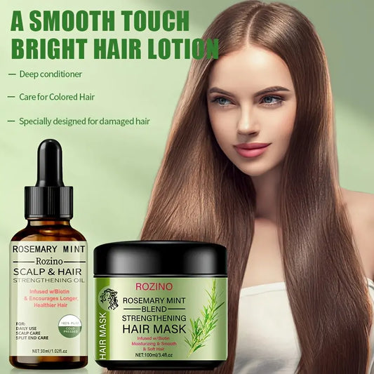 ROZINO Organic Rosemary Hair Mask & Mint Oil Set | Nourishing & Strengthening Treatment for Dry & Damaged Hair, Infused with Biotin & Essential Oils for Deep Conditioning - Haircare