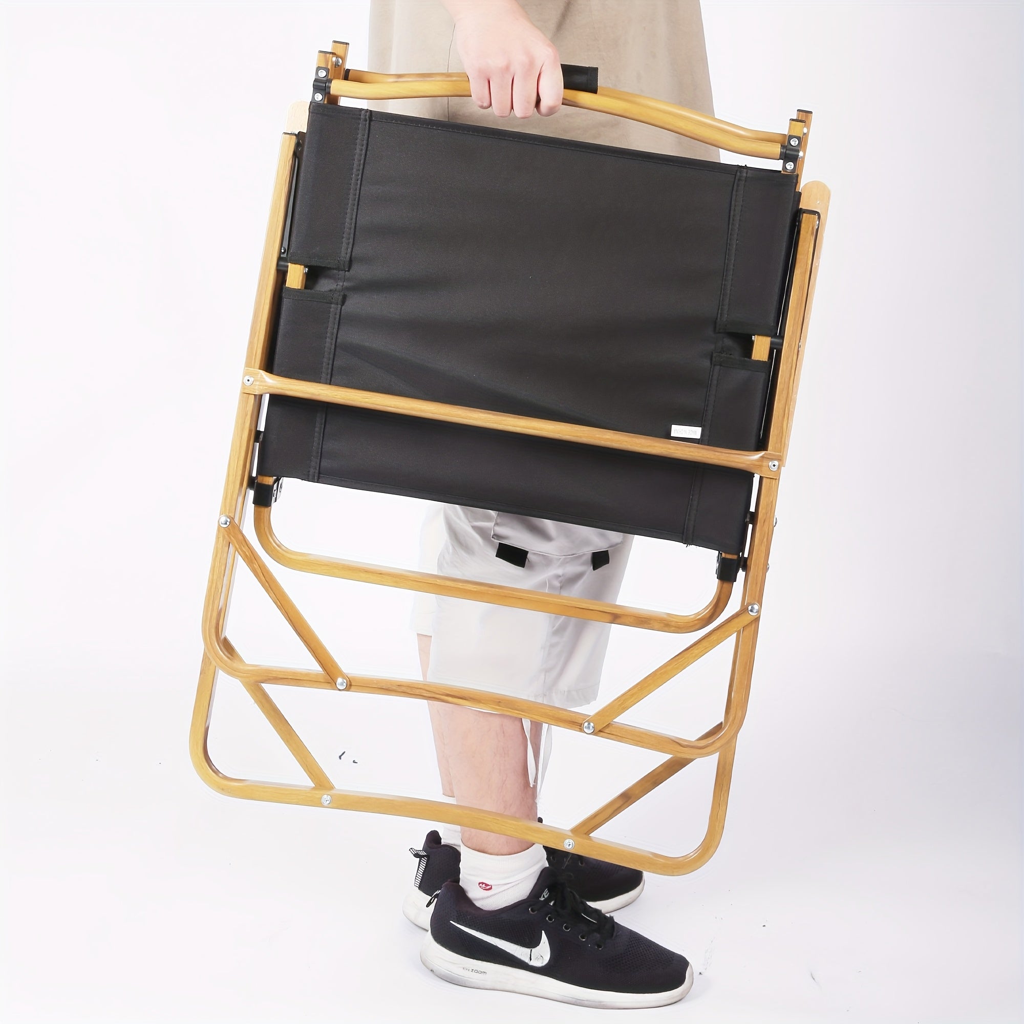 Black Set Of 2 Portable Lightweight Folding Camping Chair With Wooden Armrest Aluminum Frame