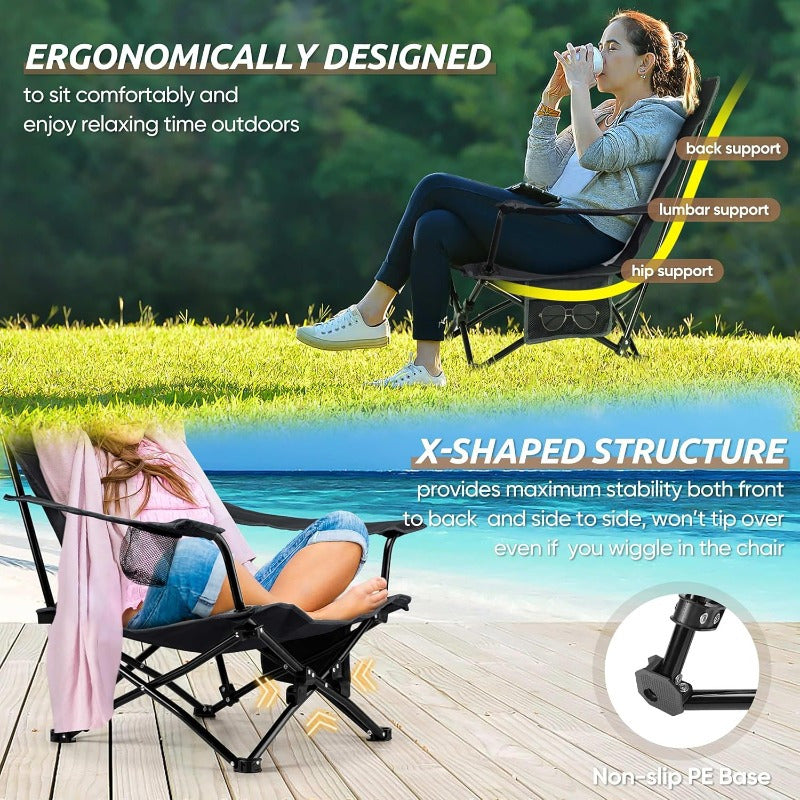 Folding Beach Chair Set of 3 Foldable Black Camping Chairs and Grey Table for Outside Low Beach Chair Portable