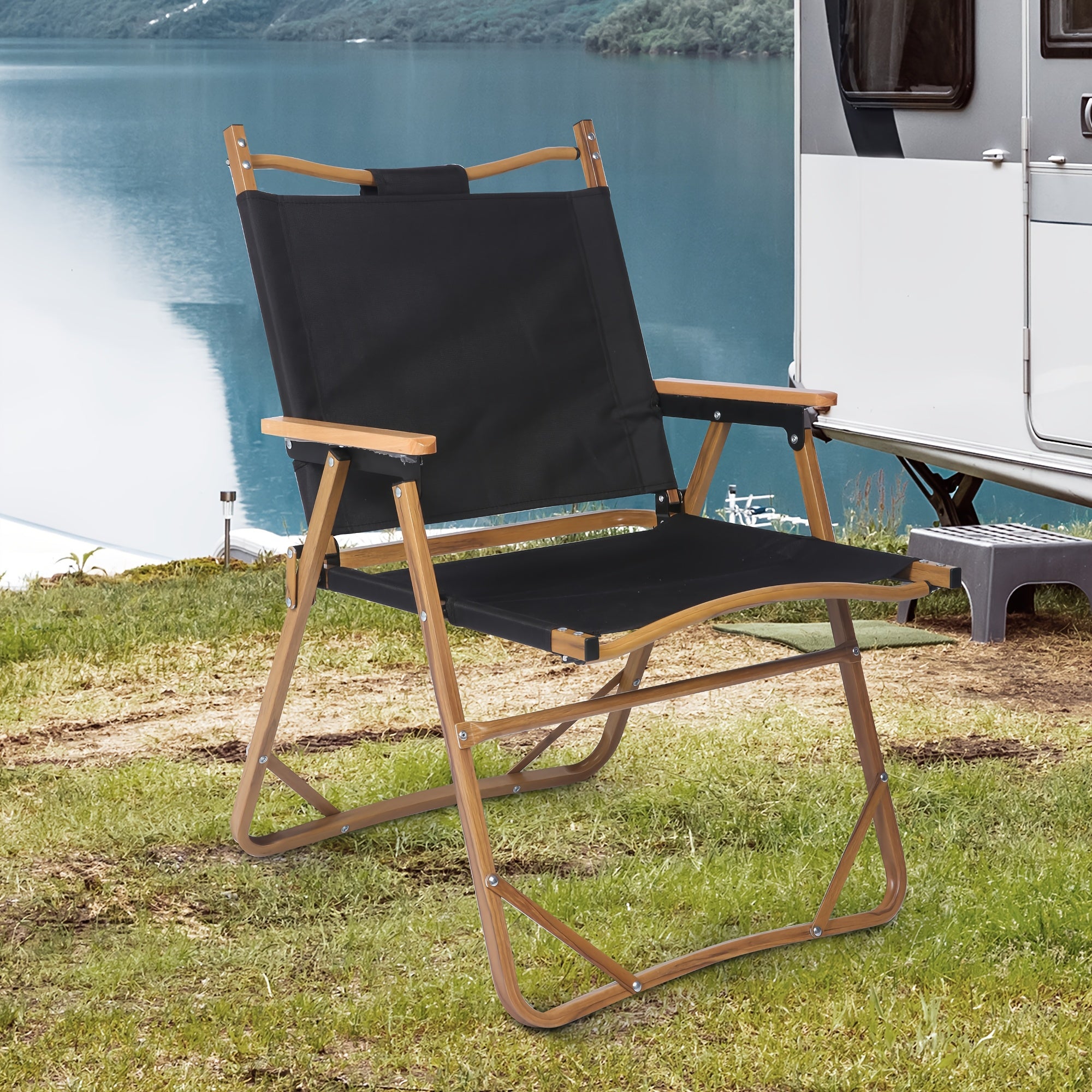 Black Set Of 2 Portable Lightweight Folding Camping Chair With Wooden Armrest Aluminum Frame