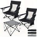 Folding Beach Chair Set of 3 Foldable Black Camping Chairs and Grey Table for Outside Low Beach Chair Portable