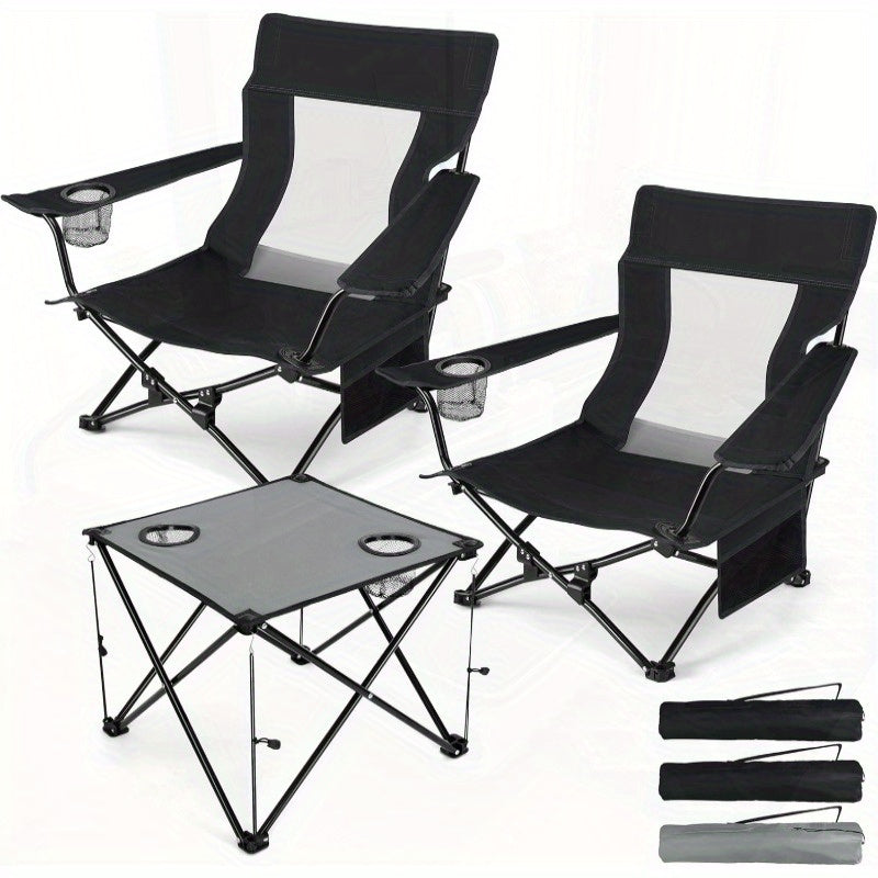Folding Beach Chair Set of 3 Foldable Black Camping Chairs and Grey Table for Outside Low Beach Chair Portable