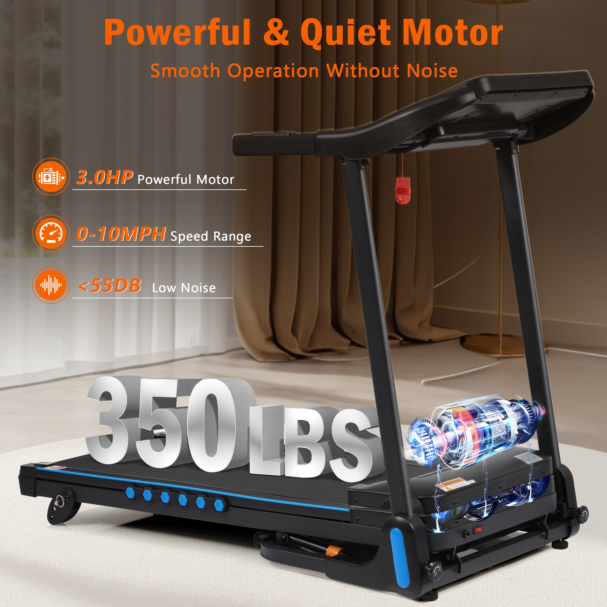 3.0HP Incline Treadmill, 350 lbs, Auto-Folding, Bluetooth Speaker, Type-C, 10MPH