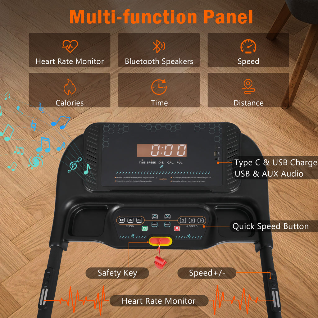 3.0HP Incline Treadmill, 350 lbs, Auto-Folding, Bluetooth Speaker, Type-C, 10MPH