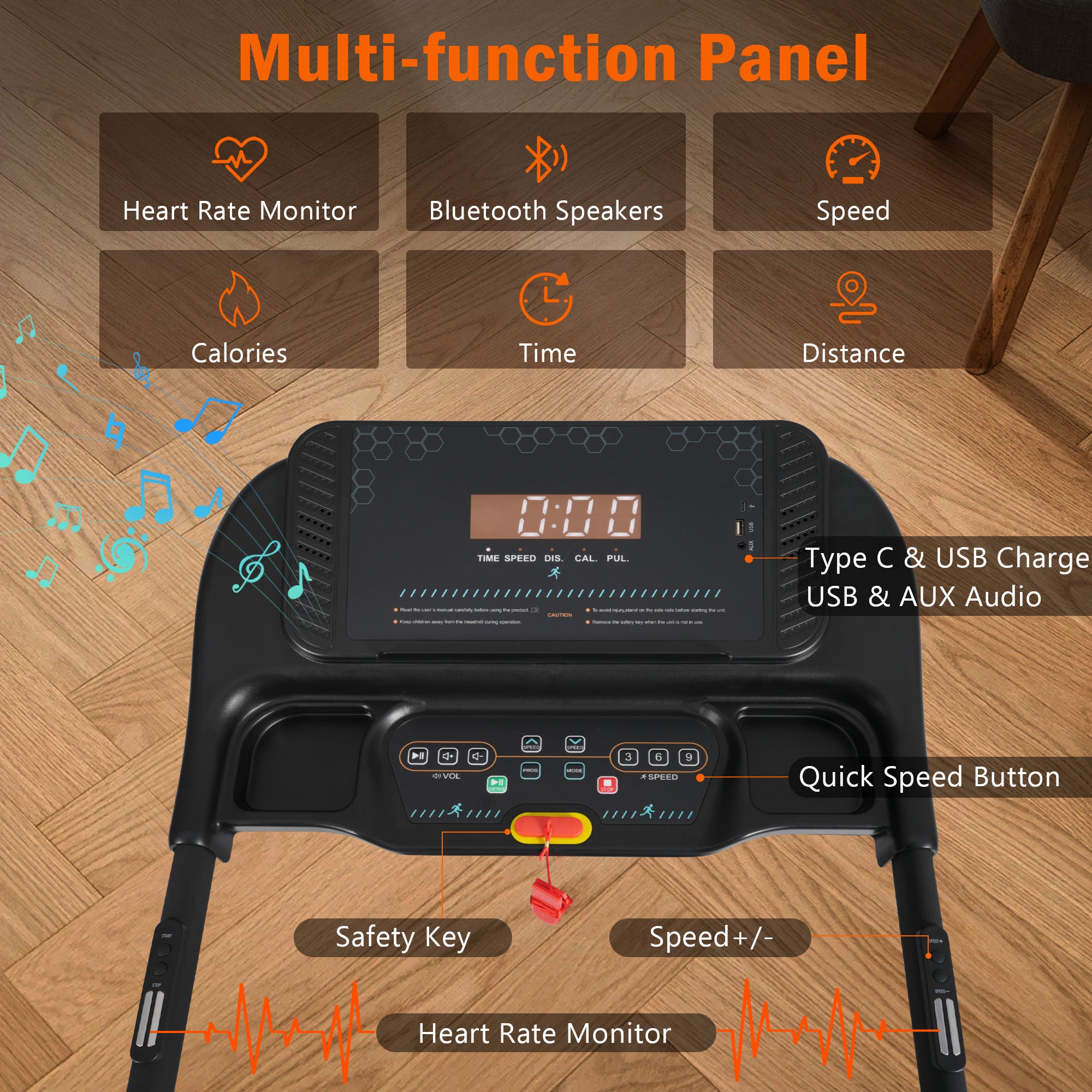 3.0HP Incline Treadmill, 350 lbs, Auto-Folding, Bluetooth Speaker, Type-C, 10MPH