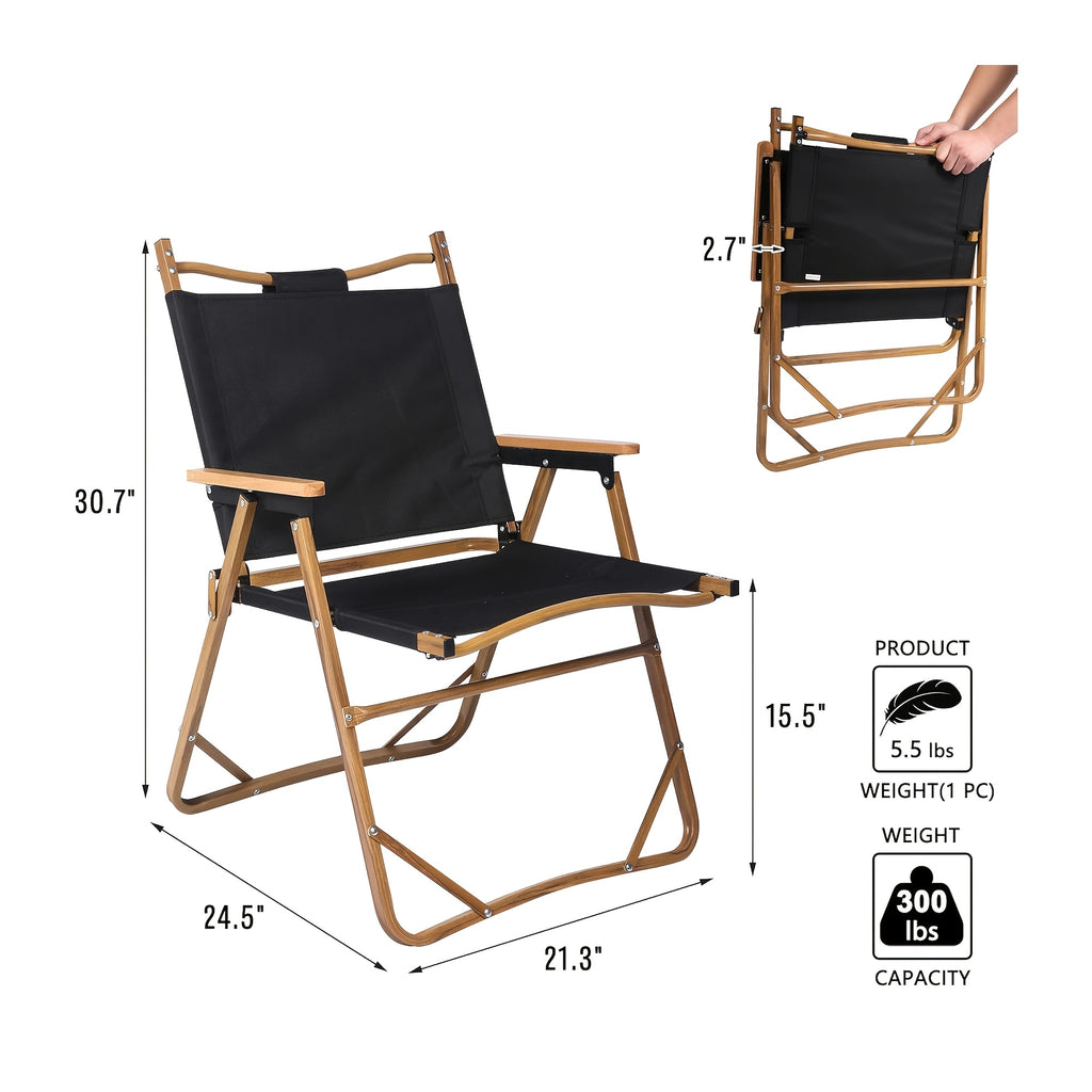 Black Set Of 2 Portable Lightweight Folding Camping Chair With Wooden Armrest Aluminum Frame