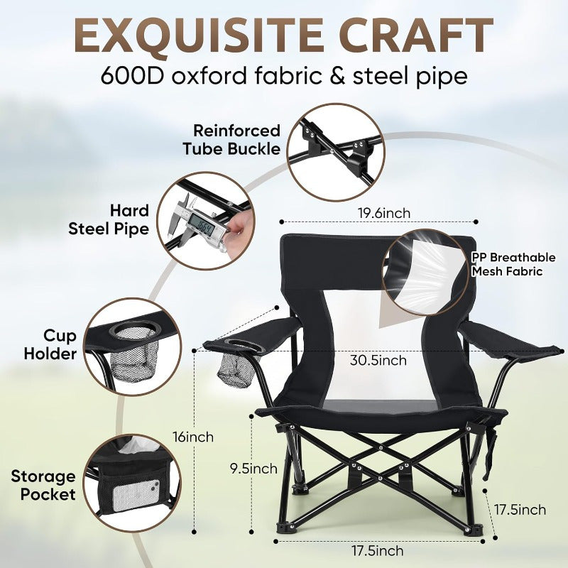 Folding Beach Chair Set of 3 Foldable Black Camping Chairs and Grey Table for Outside Low Beach Chair Portable