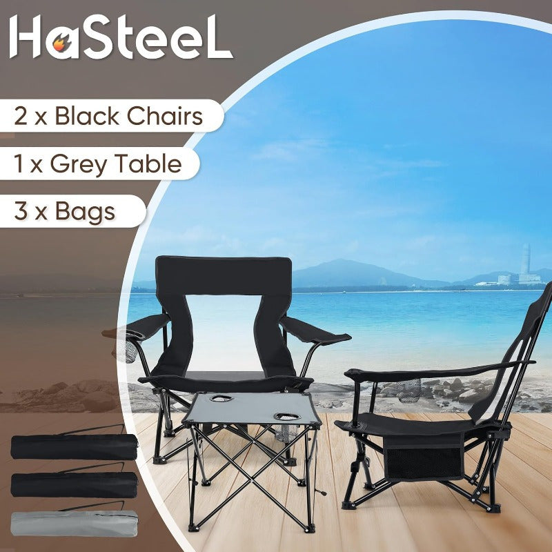 Folding Beach Chair Set of 3 Foldable Black Camping Chairs and Grey Table for Outside Low Beach Chair Portable
