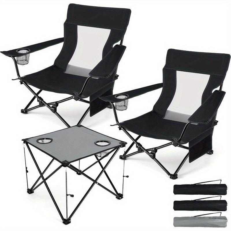 Folding Beach Chair Set of 3 Foldable Black Camping Chairs and Grey Table for Outside Low Beach Chair Portable