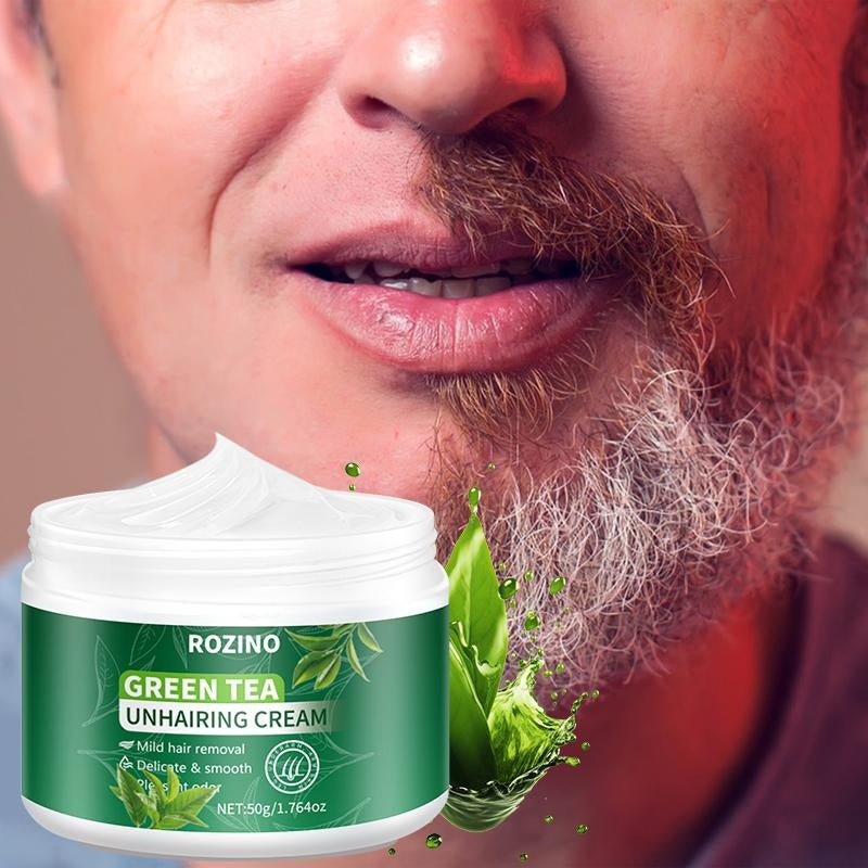ROZINO Green Tea Unhairing Cream - Painless Gentle Hair Removal for Body Face Bikini Lines & Sensitive Skin - Removes Short Thick Hair - Natural Formula 50g