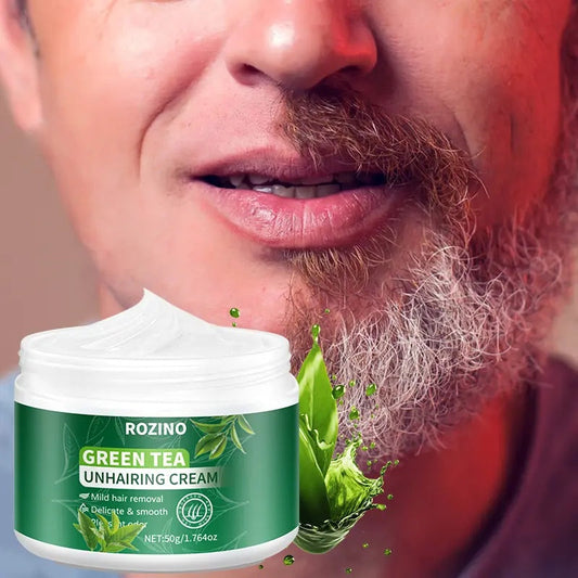 ROZINO Green Tea Unhairing Cream - Painless Gentle Hair Removal for Body Face Bikini Lines & Sensitive Skin - Removes Short Thick Hair - Natural Formula 50g