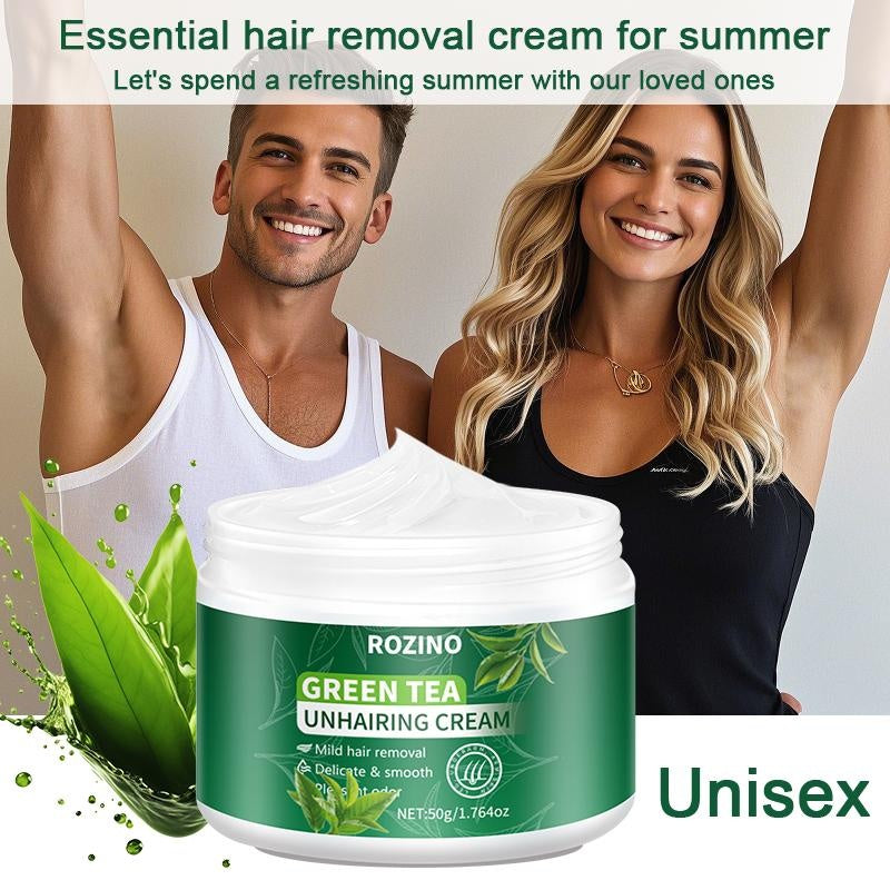 ROZINO Green Tea Unhairing Cream - Painless Gentle Hair Removal for Body Face Bikini Lines & Sensitive Skin - Removes Short Thick Hair - Natural Formula 50g