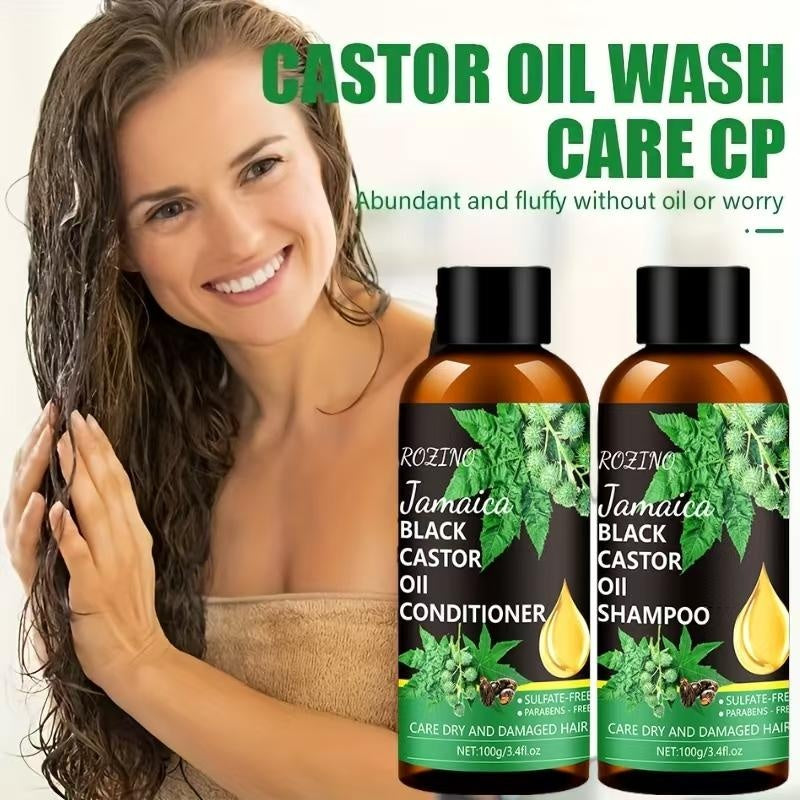 Rozino Jamaica Black Castor Oil Shampoo & Conditioner Set for Dry Damaged Hair Care Cleansing Routine 100g Each Bottle